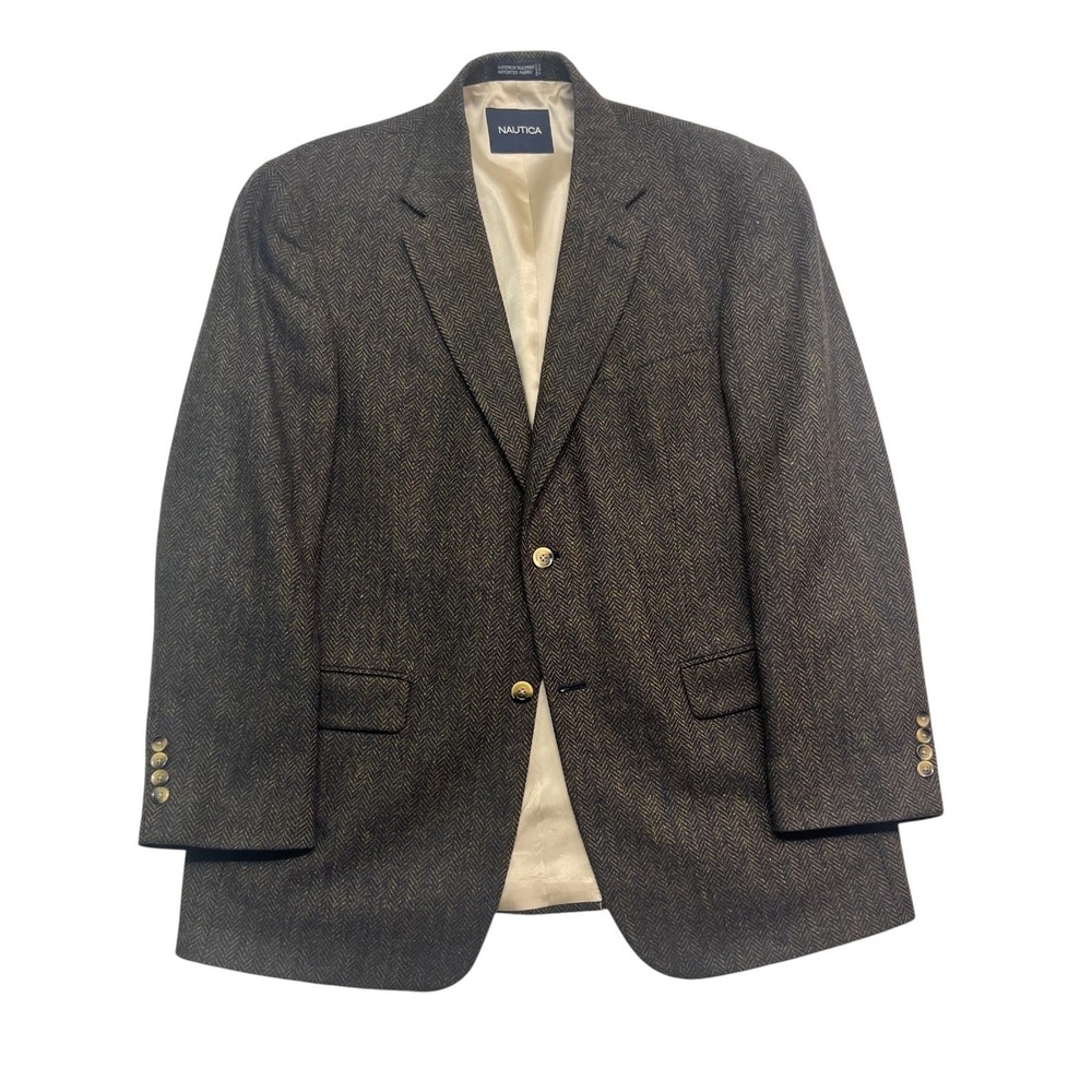 Nautica 42R Brown Black Herringbone Tweed Blazer Jacket Sport Coat Wool Heavy